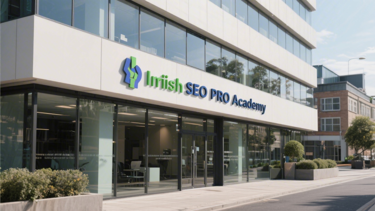 Contemporary Dublin office building exterior with clear signage and a calm business environment, representing the professional setting of the Irish SEO Pro Academy.