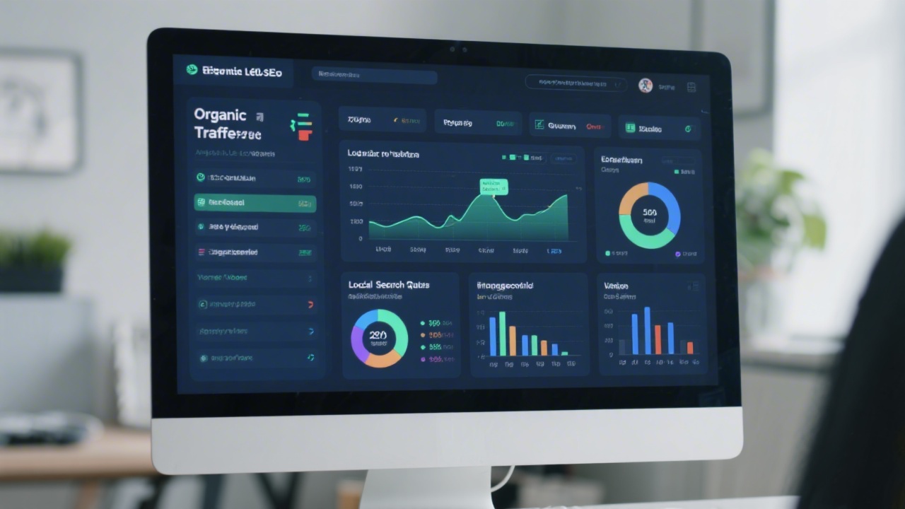 Computer monitor displaying an analytics dashboard with organic traffic trends, local search queries, and engagement metrics, indicating data-led SEO evaluation.