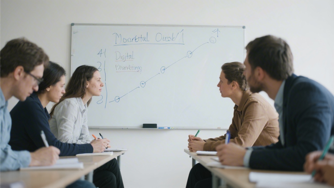 Focused adult learners taking notes during a digital marketing workshop, with a whiteboard showing structured lesson steps and a calm, attentive atmosphere.