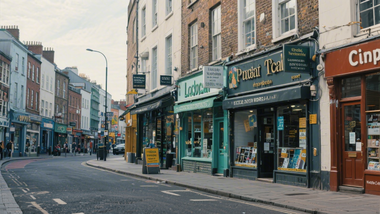 Street scene in central Dublin with small shops and signage, representing local business visibility and the importance of neighbourhood search results for Irish customers.