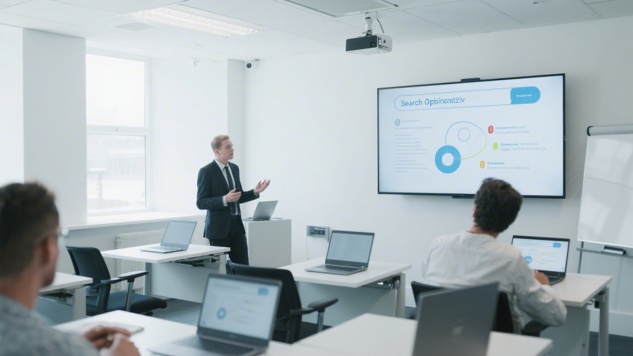 Bright modern training room with a presenter explaining search optimisation strategies on a screen, laptops open on desks, and a calm professional learning atmosphere.