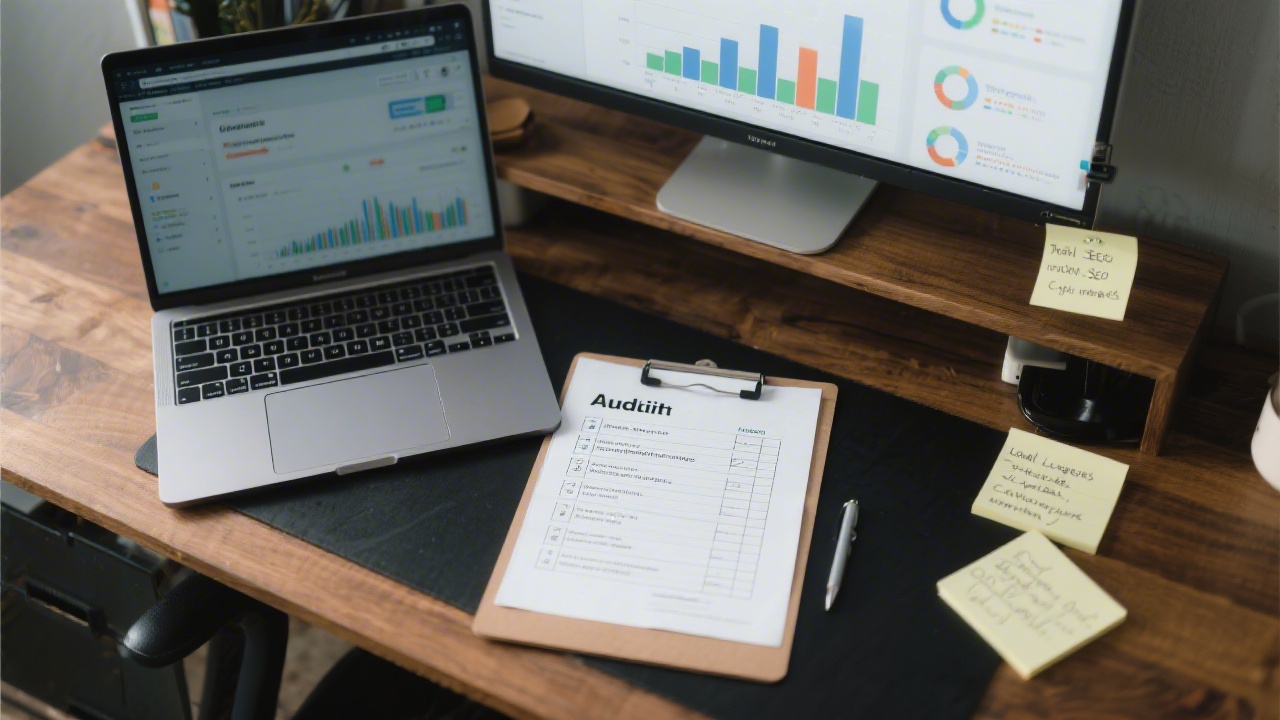 Overhead view of a desk with printed audit checklist, laptop showing analytics, and notes about local listings and citations used for Irish SEO improvements.