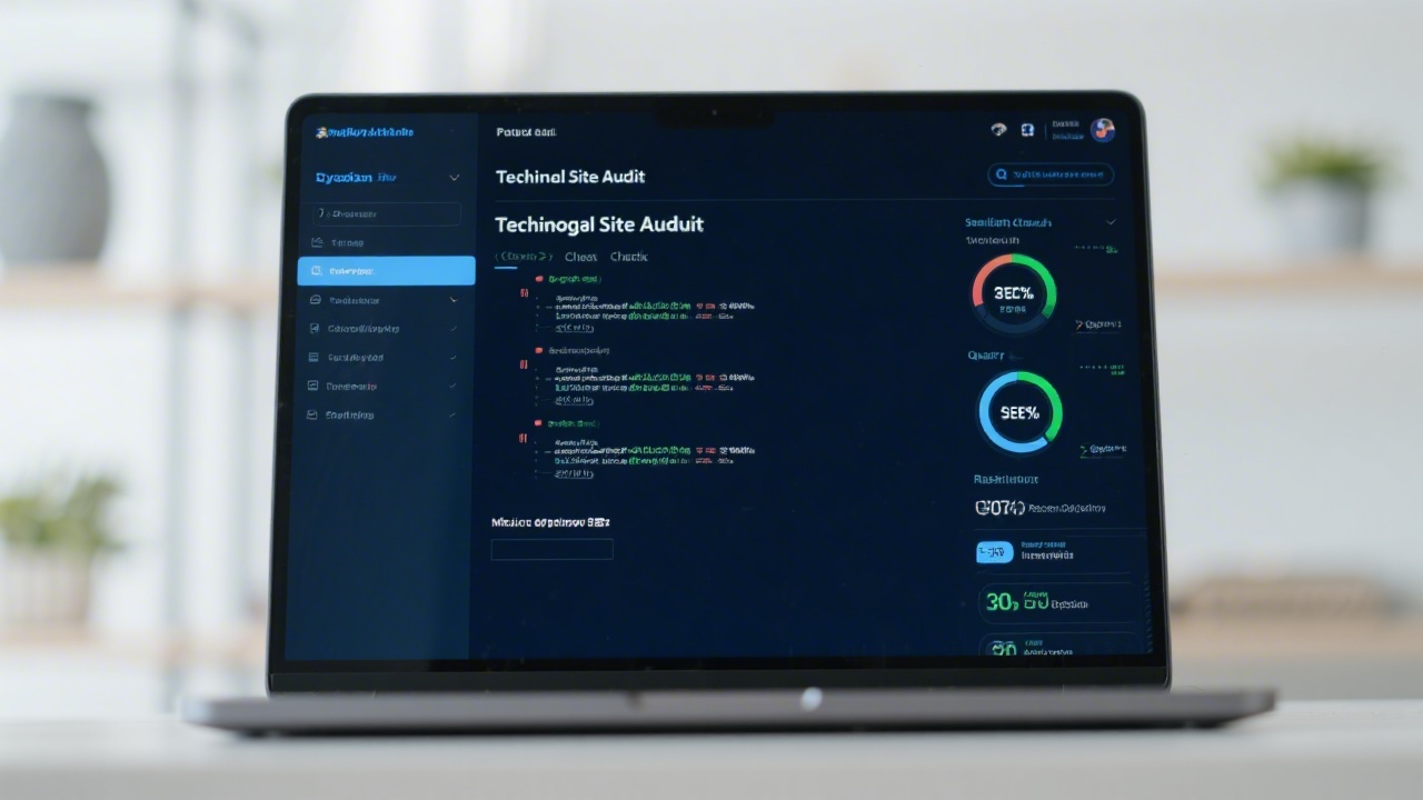Laptop screen displaying a technical site audit with code checks and speed metrics, representing quality standards for SEO education and responsible optimisation practices.