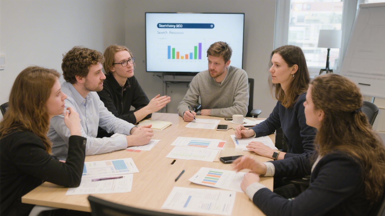 Small group workshop session with participants discussing search performance reports around a table, indicating collaborative learning and measurable SEO improvements.